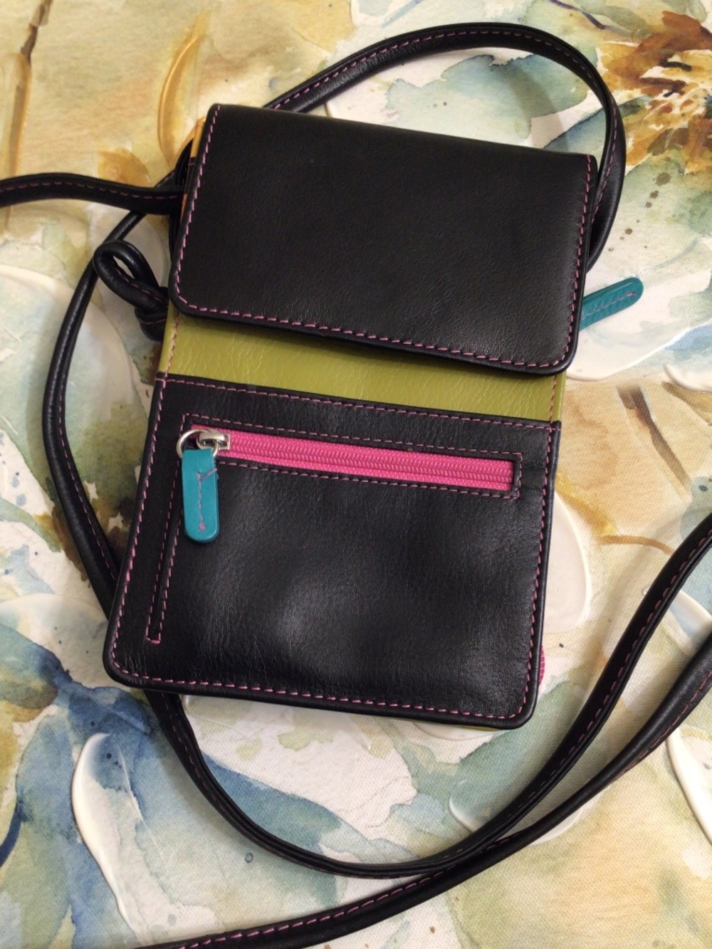 Genuine Leather Crossbody Organizer "Black Brights" Colorway